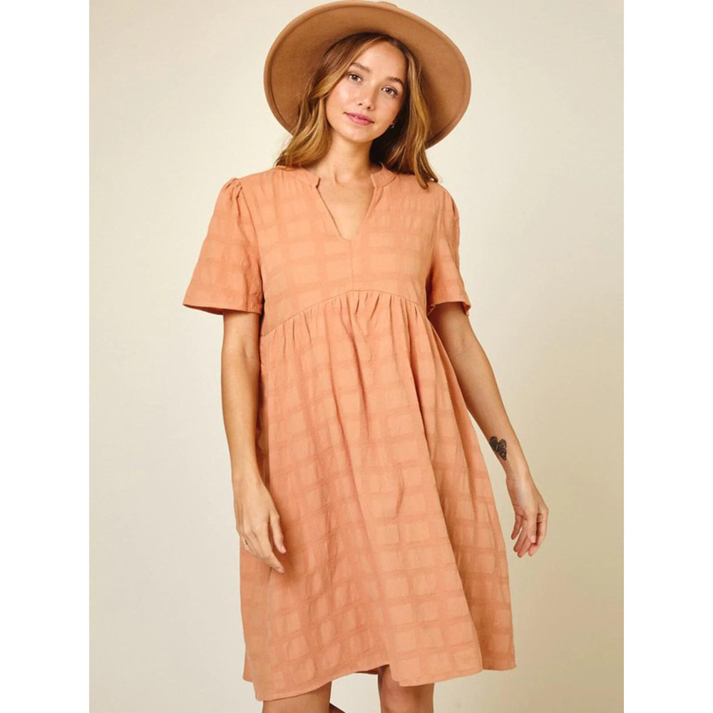 Rust Short Puff Sleeve V-Neck Mini Dress L